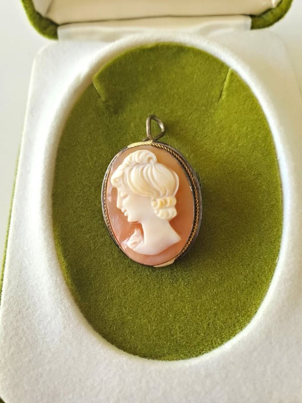 Vintage Hand Carved Shell Victorian Lady 800 Silver Pendant and Earring Set